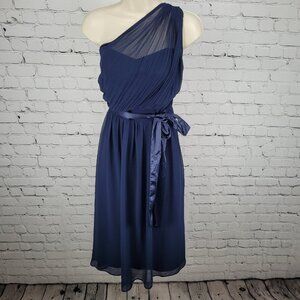 NWT Showcase Navy Chiffon One Shoulder Belted Smocked Back Midi Dress Size 10
